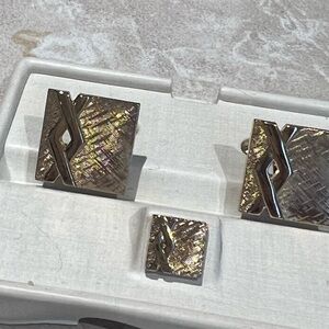 Vintage textured and polished gold tone cuff links and tie tack set